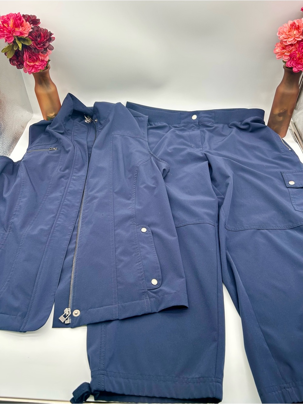 Women’s nautical, coastal preppy Navy Softshell Jacket and Cargo Pants Set